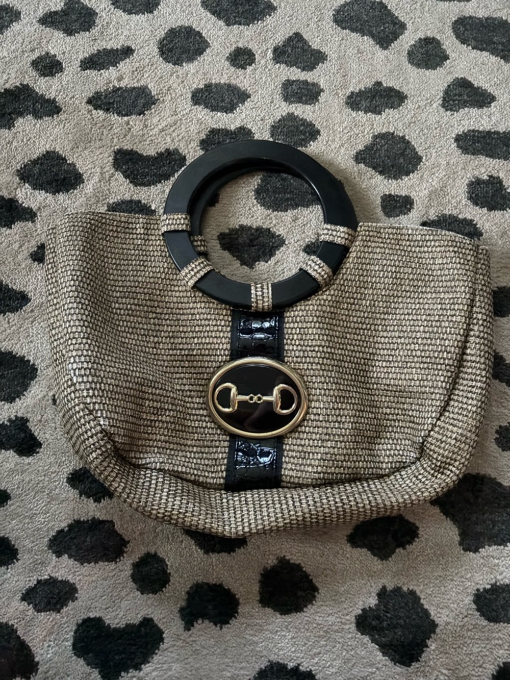 Braciano Beige Woven Clutch with Black Handle & Gold Accent